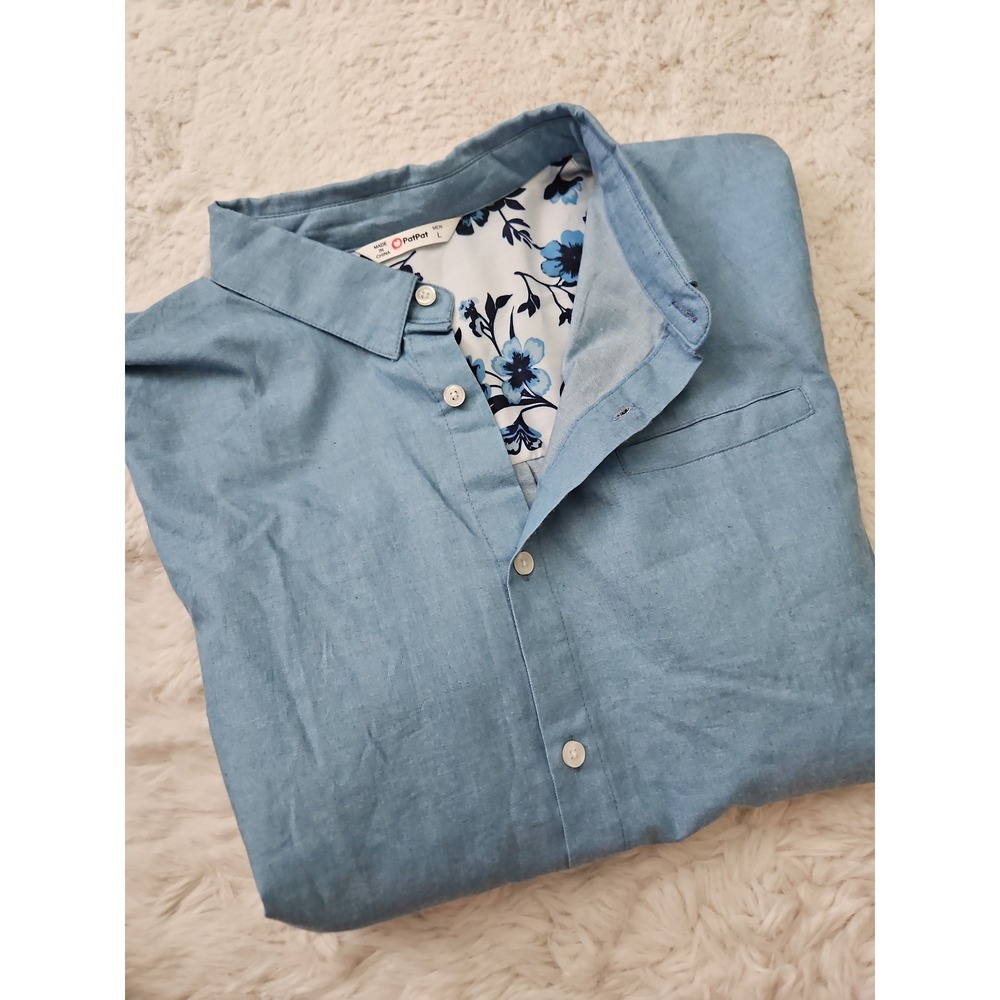 PatPat Coastal Blue Cotton Button Down Shirt Men's Large Floral Accent